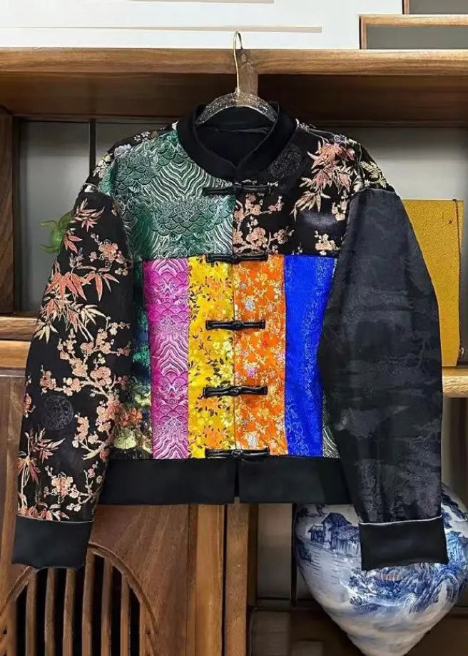 Loose Colorblock Stand Collar Button Silk Coat Long Sleeve Cg1058