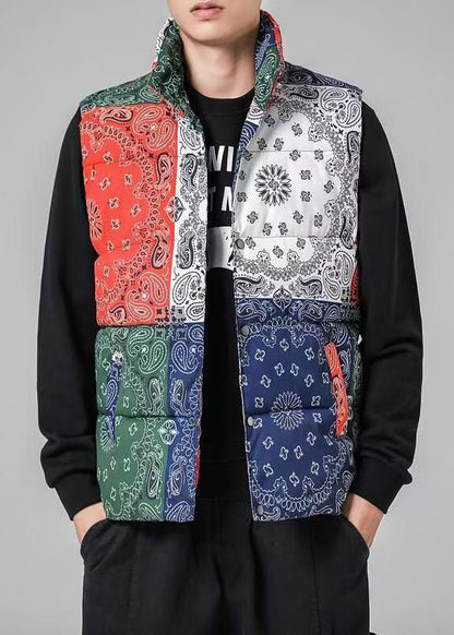 Loose Colorblock Stand Collar Pockets Cotton Filled Waistcoat Winter Rn001
