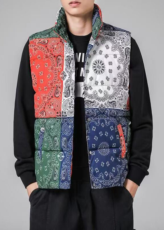 Loose Colorblock Stand Collar Pockets Cotton Filled Waistcoat Winter Rn001