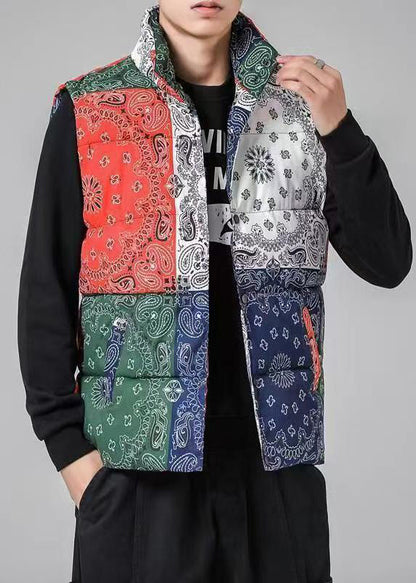 Loose Colorblock Stand Collar Pockets Cotton Filled Waistcoat Winter Rn001