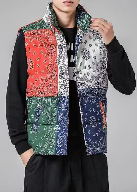 Loose Colorblock Stand Collar Pockets Cotton Filled Waistcoat Winter Rn001