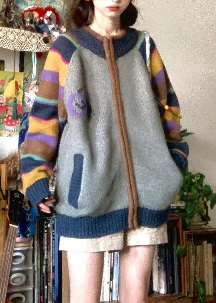 Loose Colorblock Zip Up Pockets Print Patchwork Knit Coat Spring Tn045