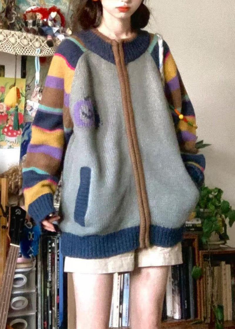 Loose Colorblock Zip Up Pockets Print Patchwork Knit Coat Spring Tn045