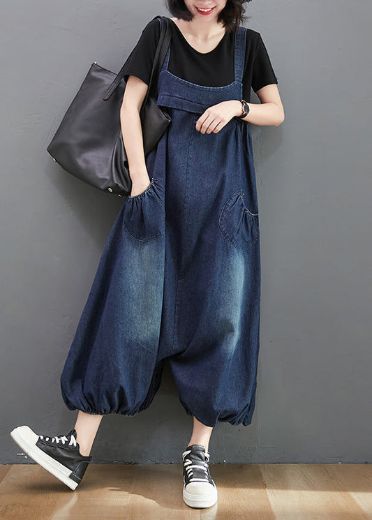 Loose Dark Blue Slash Neck Patchwork Lantern Jumpsuit Summer Ty1041