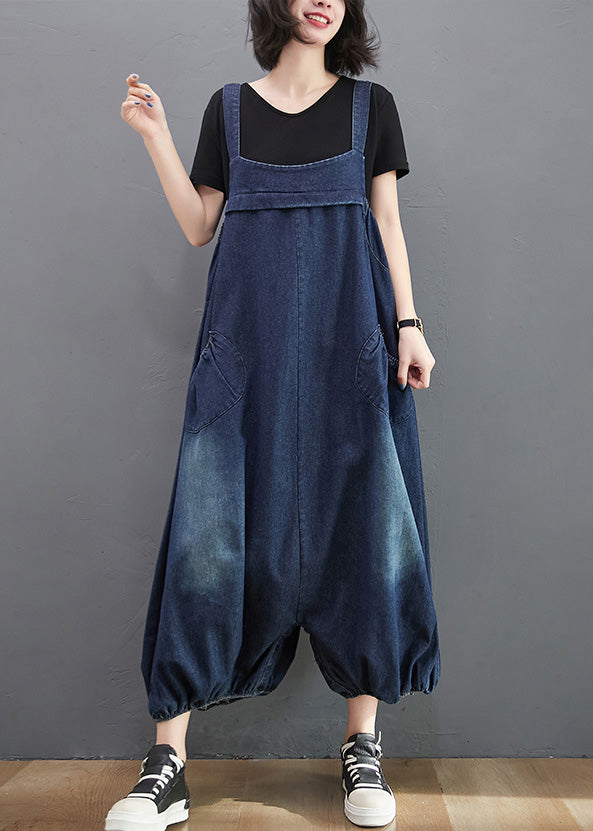 Loose Dark Blue Slash Neck Patchwork Lantern Jumpsuit Summer Ty1041