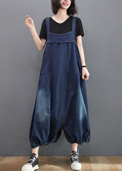Loose Dark Blue Slash Neck Patchwork Lantern Jumpsuit Summer Ty1041