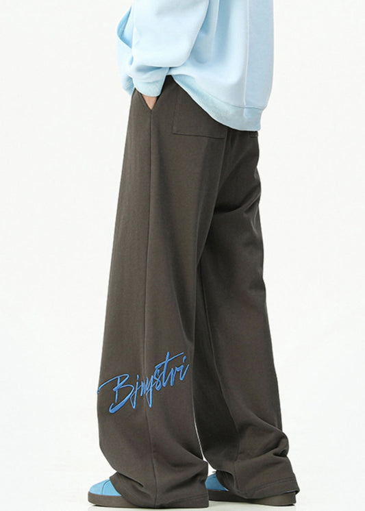 Loose Dark Gray Embroideried Pockets Cotton Wide Leg Pants Spring Rm052