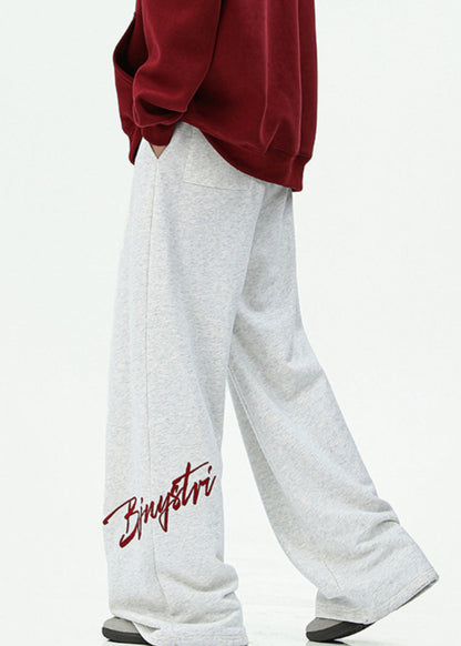 Loose Dark Gray Embroideried Pockets Cotton Wide Leg Pants Spring Rm052
