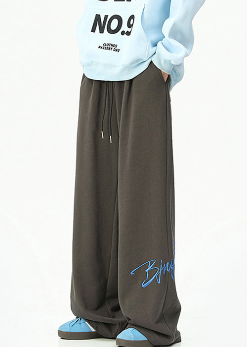 Loose Dark Gray Embroideried Pockets Cotton Wide Leg Pants Spring Rm052
