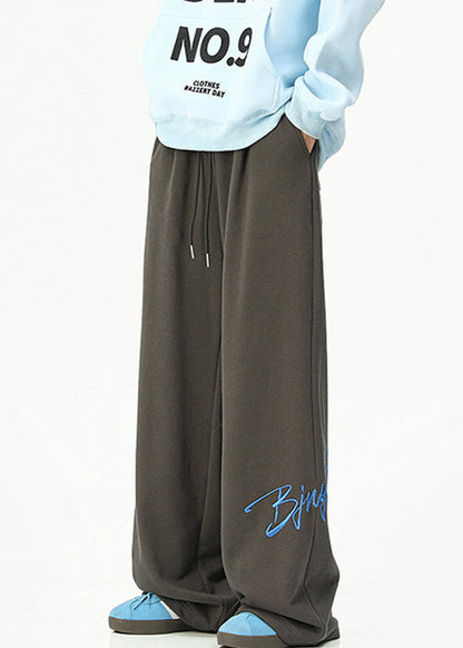 Loose Dark Gray Embroideried Pockets Cotton Wide Leg Pants Spring Rm052
