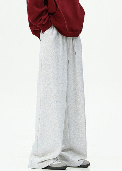 Loose Dark Gray Embroideried Pockets Cotton Wide Leg Pants Spring Rm052