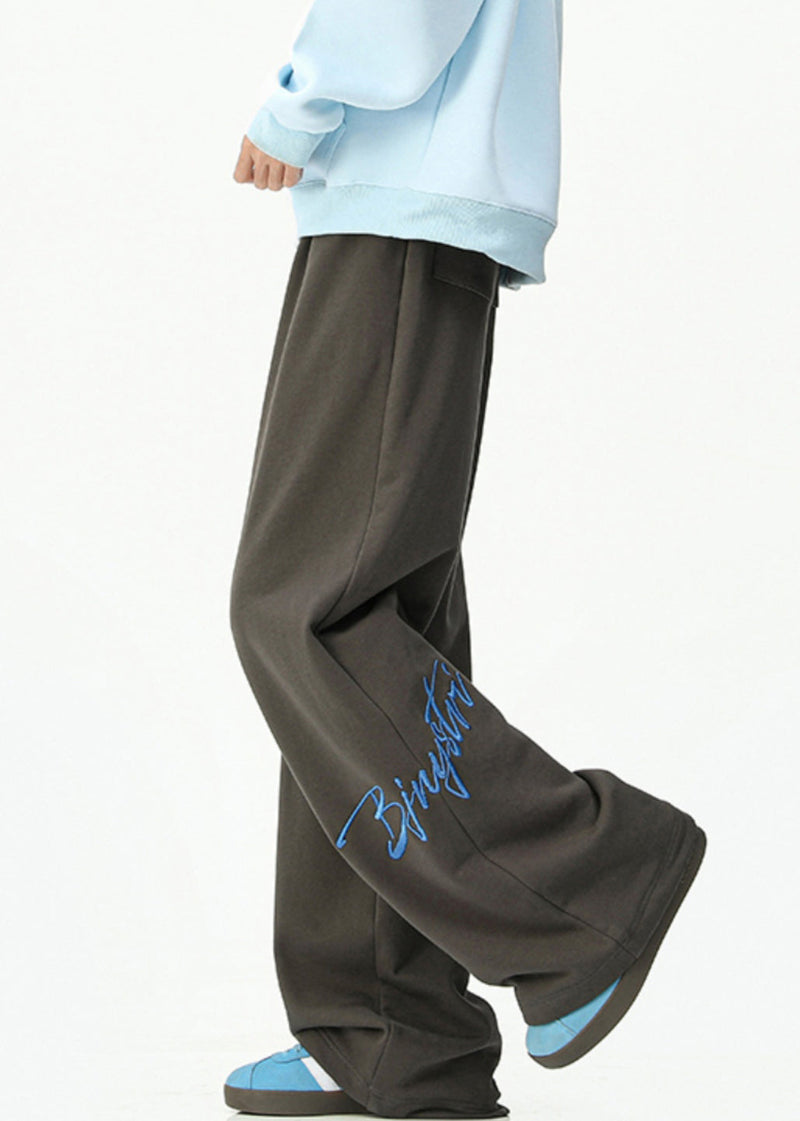 Loose Dark Gray Embroideried Pockets Cotton Wide Leg Pants Spring Rm052