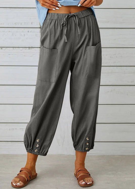 Loose Dark Gray Pockets Elastic Waist Cotton Crop Pants Summer Qe048