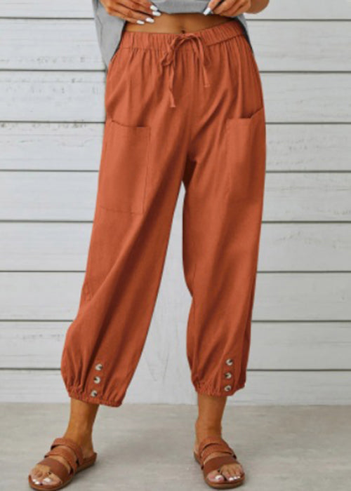 Loose Dark Gray Pockets Elastic Waist Cotton Crop Pants Summer Qe048