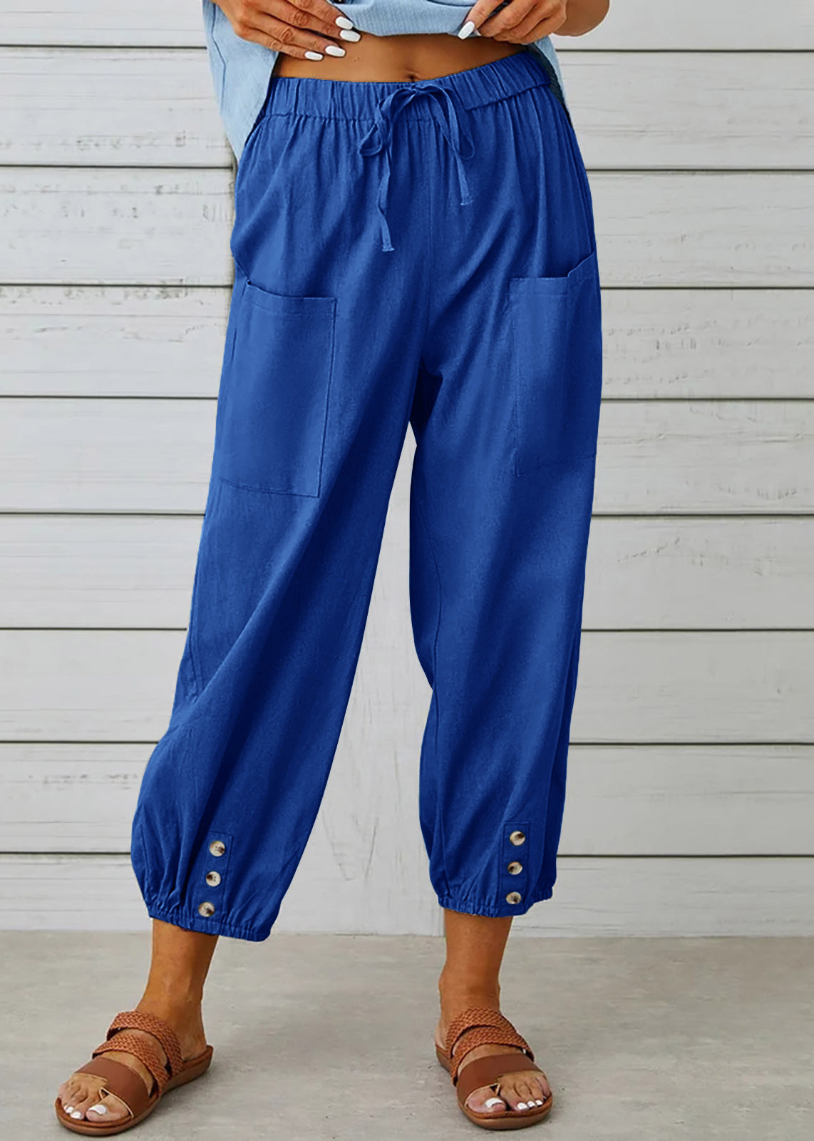Loose Dark Gray Pockets Elastic Waist Cotton Crop Pants Summer Qe048