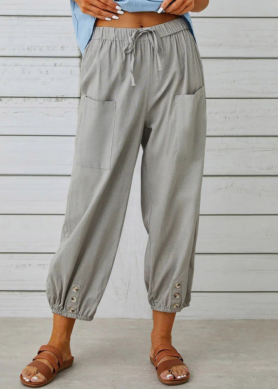 Loose Dark Gray Pockets Elastic Waist Cotton Crop Pants Summer Qe048