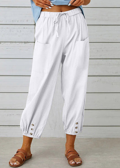 Loose Dark Gray Pockets Elastic Waist Cotton Crop Pants Summer Qe048