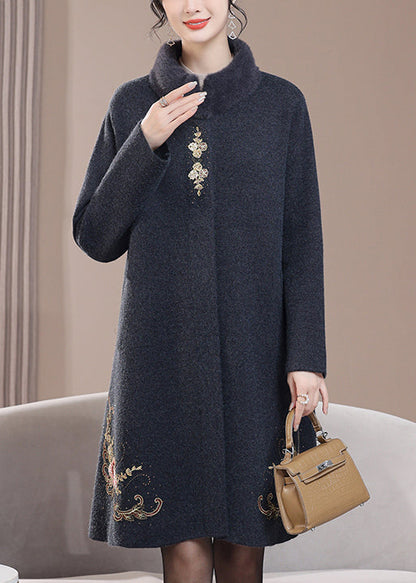 Loose Dark Gray Stand Collar Zircon Pockets Wool Coats Spring Rz020