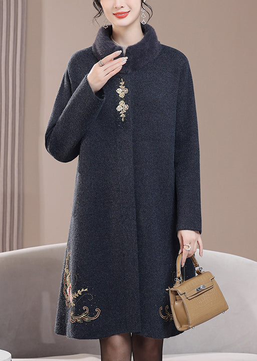 Loose Dark Gray Stand Collar Zircon Pockets Wool Coats Spring Rz020