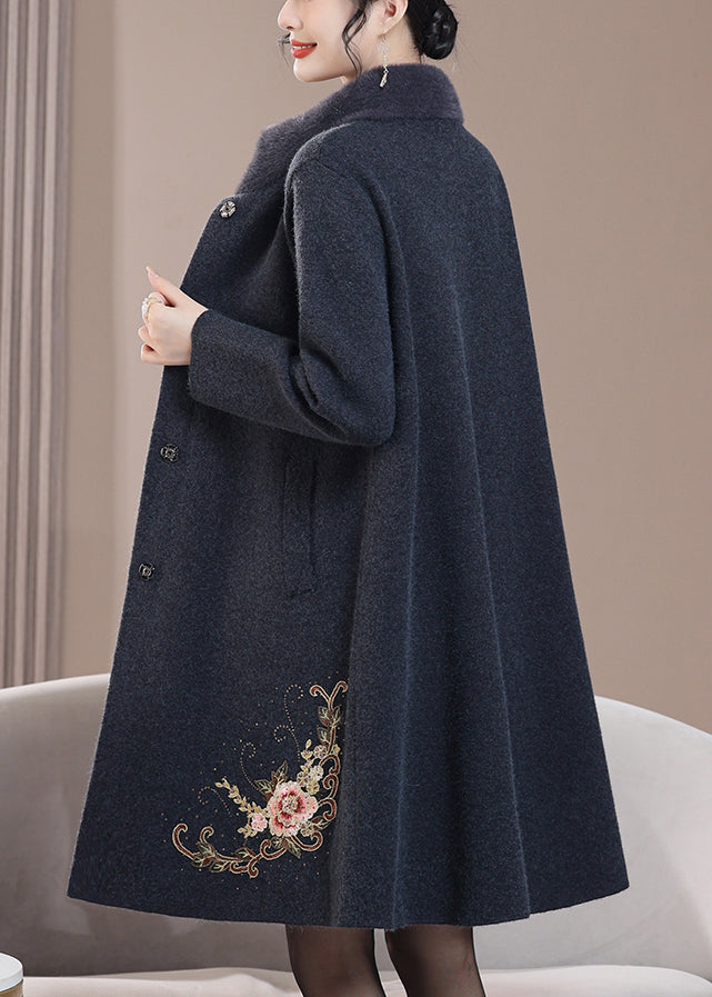 Loose Dark Gray Stand Collar Zircon Pockets Wool Coats Spring Rz020
