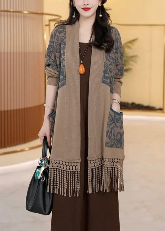 Loose Dark Khaki Tasseled Pockets Knit Cardigans Winter Rf016
