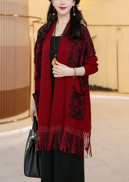 Loose Dark Khaki Tasseled Pockets Knit Cardigans Winter Rf016