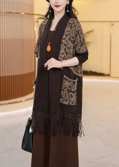 Loose Dark Khaki Tasseled Pockets Knit Cardigans Winter Rf016