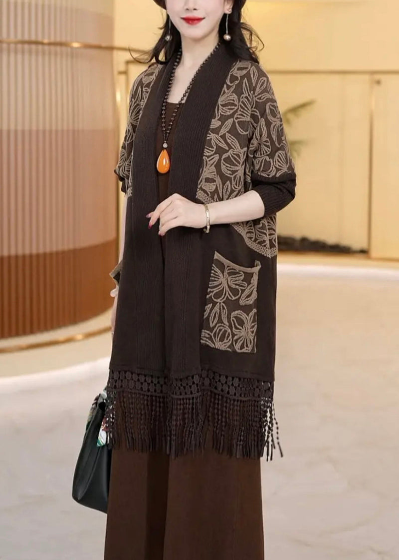 Loose Dark Khaki Tasseled Pockets Knit Cardigans Winter Rf016
