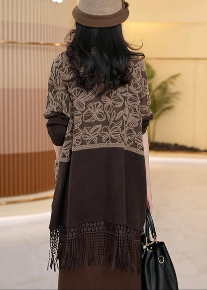 Loose Dark Khaki Tasseled Pockets Knit Cardigans Winter Rf016