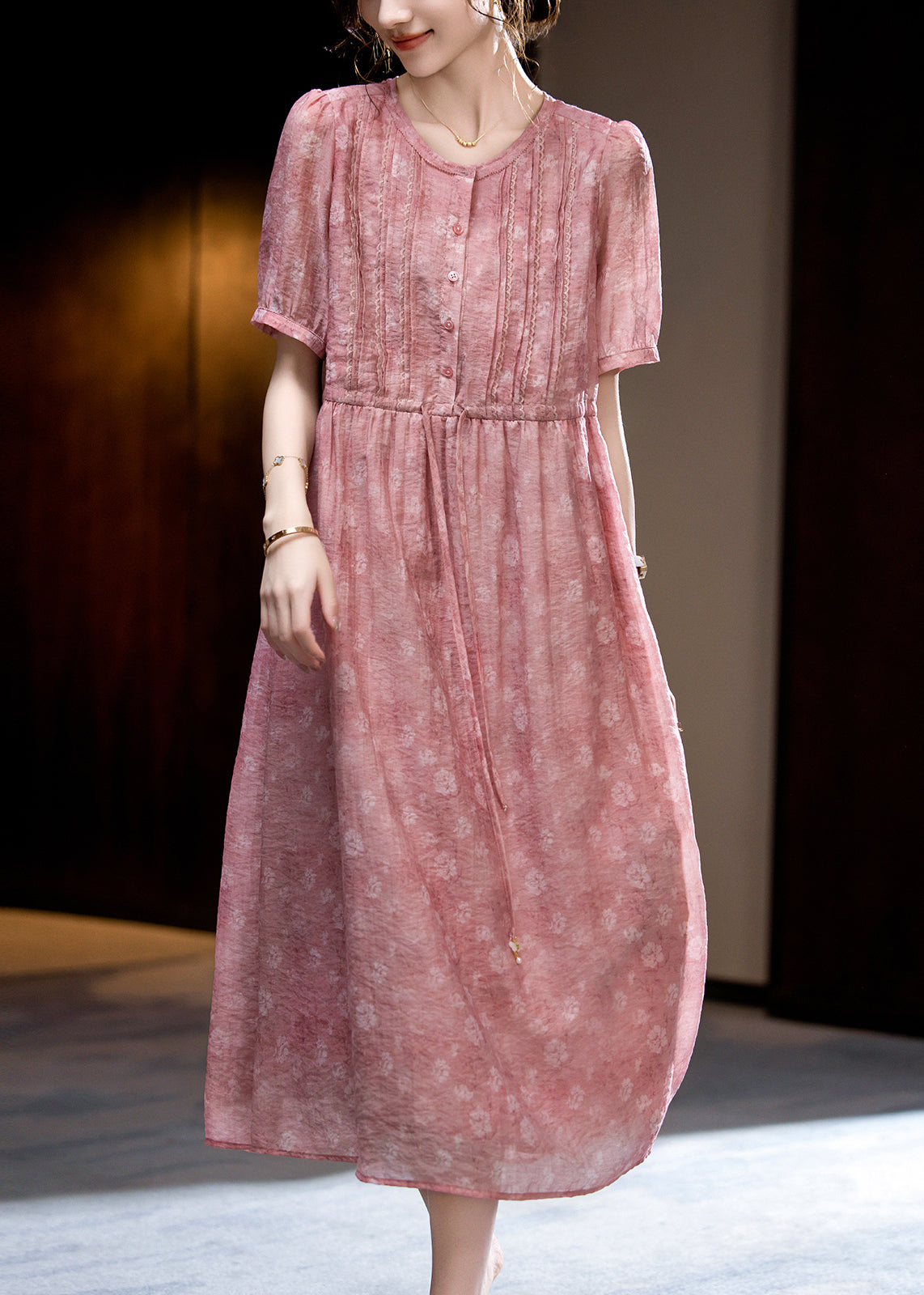 Loose Dark Pink O-neck Print Wrinkled Silk Long Dress Short Sleeve Ww047