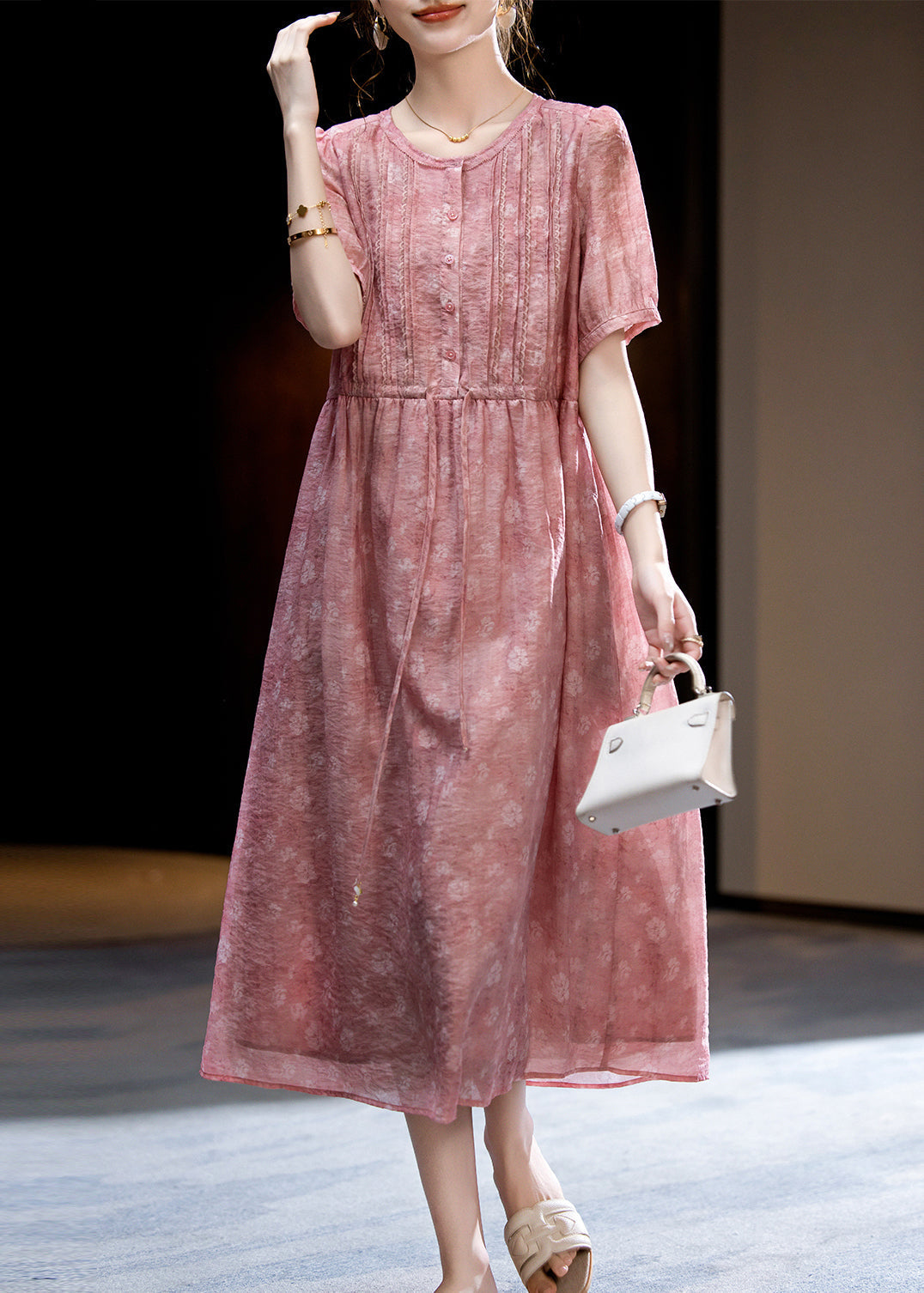 Loose Dark Pink O-neck Print Wrinkled Silk Long Dress Short Sleeve Ww047