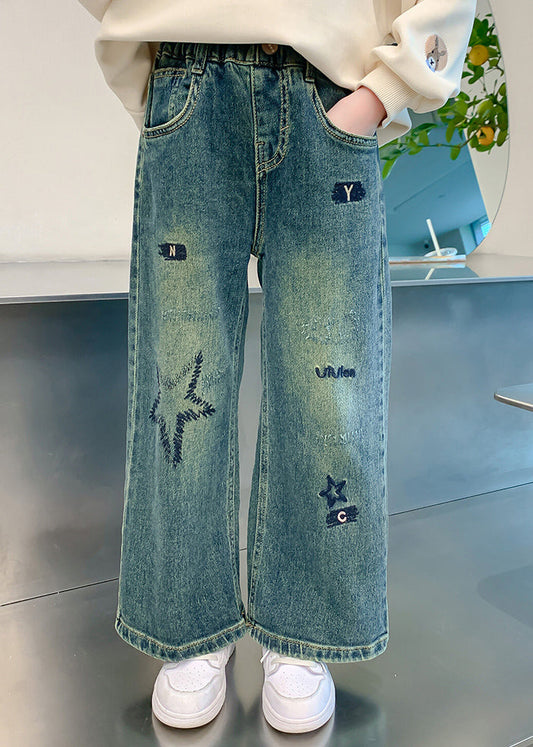 Loose Denim Blue Embroideried Elastic Waist Wide Leg Pants Tv016