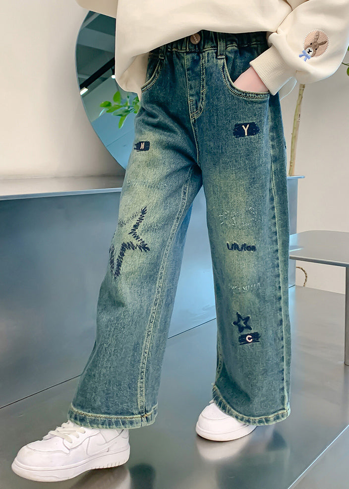 Loose Denim Blue Embroideried Elastic Waist Wide Leg Pants Tv016