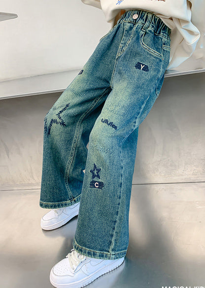 Loose Denim Blue Embroideried Elastic Waist Wide Leg Pants Tv016