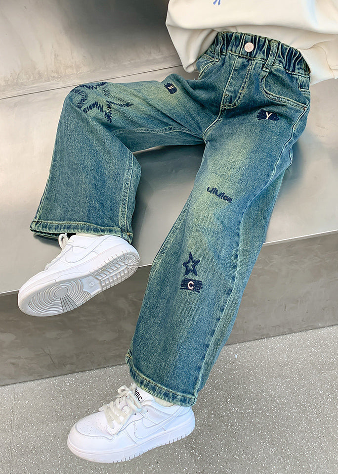 Loose Denim Blue Embroideried Elastic Waist Wide Leg Pants Tv016