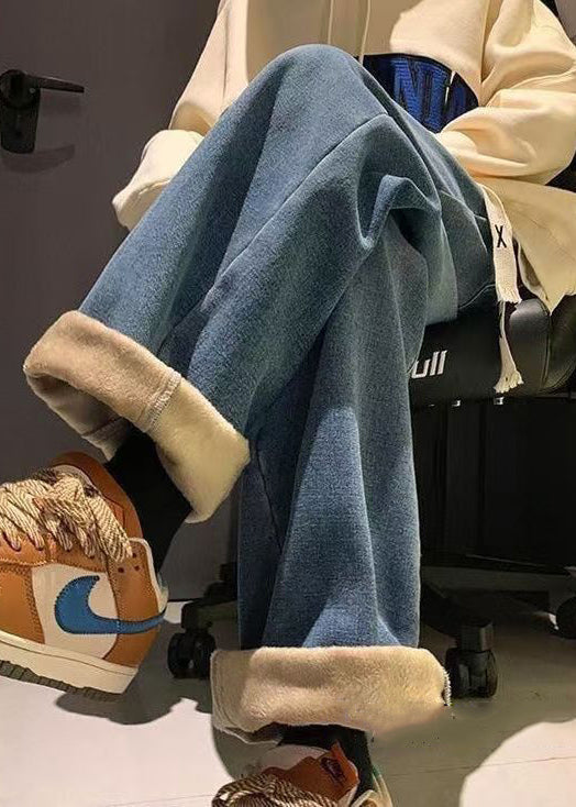 Loose Denim Blue Original Design Elastic Waist Warm Fleece Pants Spring Rm029