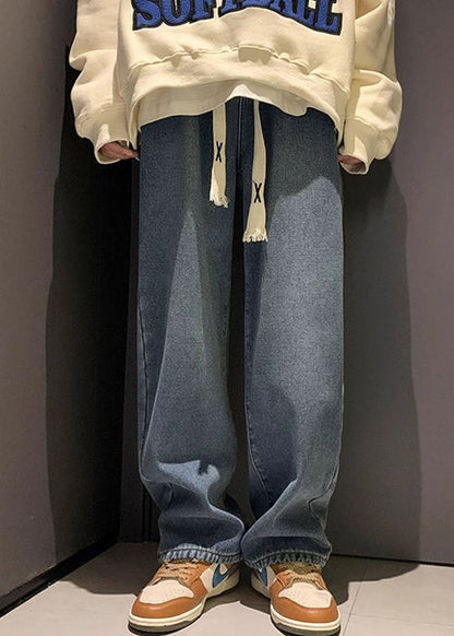 Loose Denim Blue Original Design Elastic Waist Warm Fleece Pants Spring Rm029