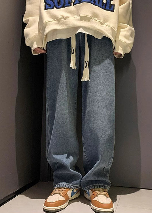 Loose Denim Blue Original Design Elastic Waist Warm Fleece Pants Spring Rm029