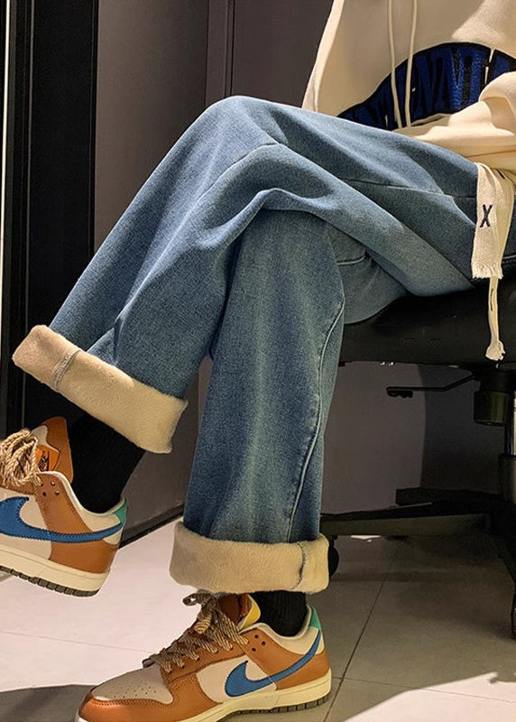 Loose Denim Blue Original Design Elastic Waist Warm Fleece Pants Spring Rm029