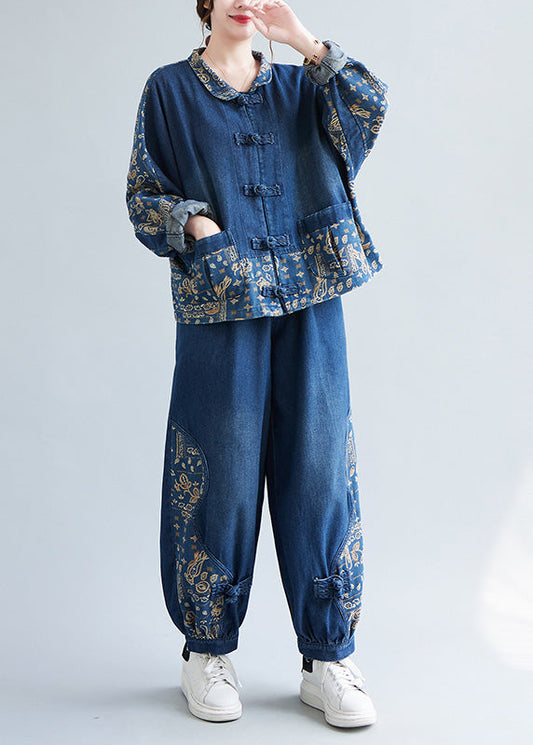 Loose Denim Blue Peter Pan Collar Print Coats and Lantern Pants Two Pieces Set Ac2083