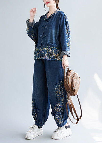 Loose Denim Blue Peter Pan Collar Print Coats and Lantern Pants Two Pieces Set Ac2083