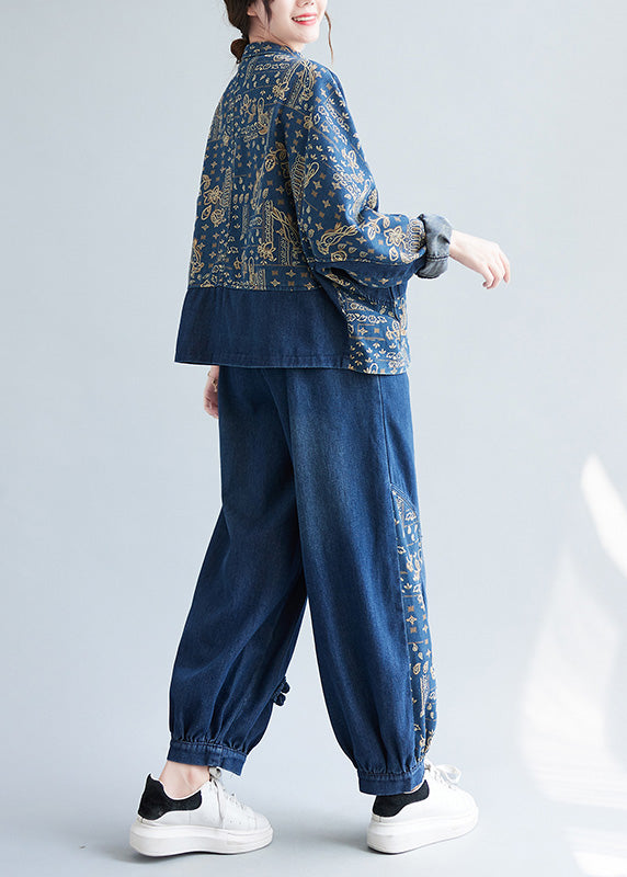 Loose Denim Blue Peter Pan Collar Print Coats and Lantern Pants Two Pieces Set Ac2083
