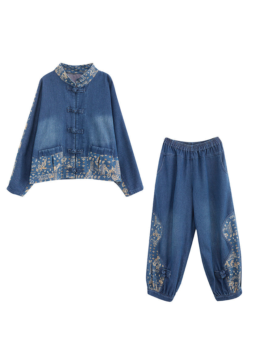 Loose Denim Blue Peter Pan Collar Print Coats and Lantern Pants Two Pieces Set Ac2083