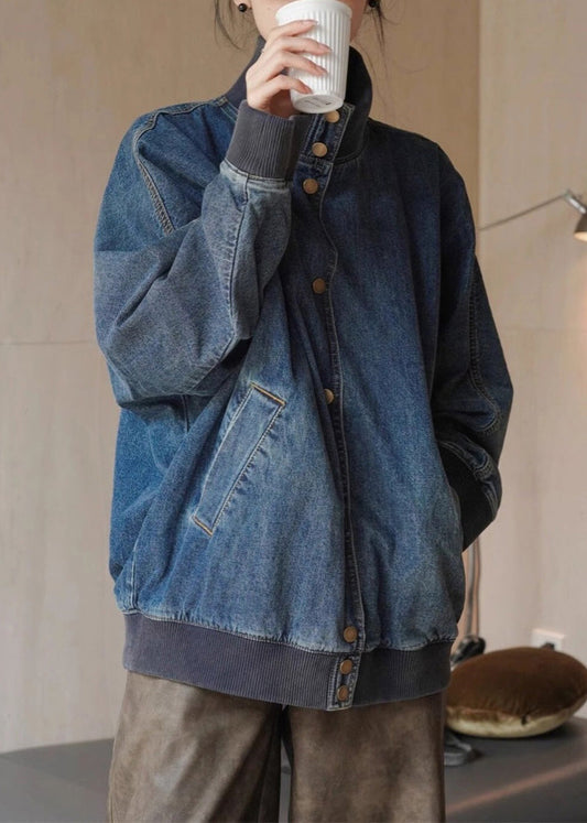 Loose Denim Blue Stand Collar Pockets Button Coats Spring Rp011
