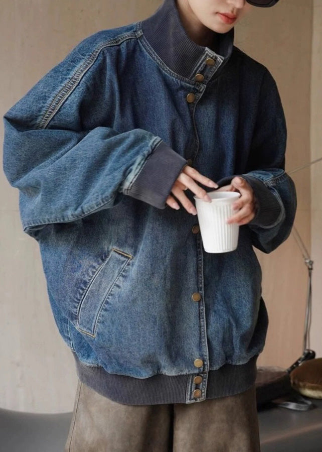 Loose Denim Blue Stand Collar Pockets Button Coats Spring Rp011