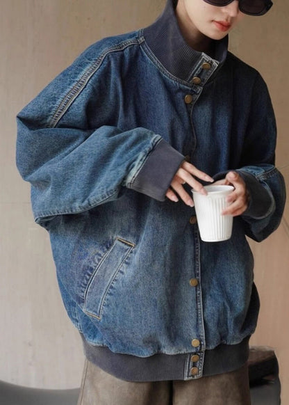 Loose Denim Blue Stand Collar Pockets Button Coats Spring Rp011