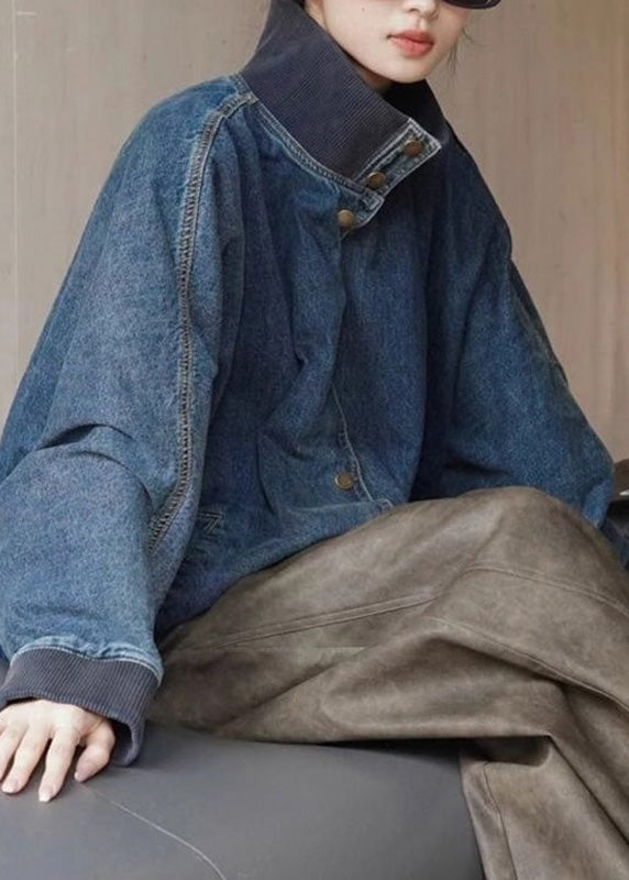 Loose Denim Blue Stand Collar Pockets Button Coats Spring Rp011