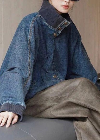 Loose Denim Blue Stand Collar Pockets Button Coats Spring Rp011