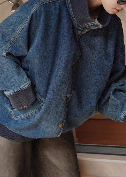 Loose Denim Blue Stand Collar Pockets Button Coats Spring Rp011