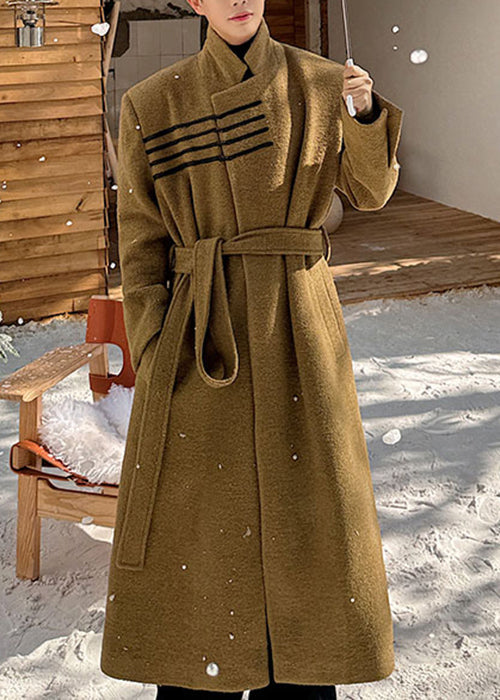 Loose Ginger Yellow Stand Collar Pockets Woolen Coats Winter Ro045